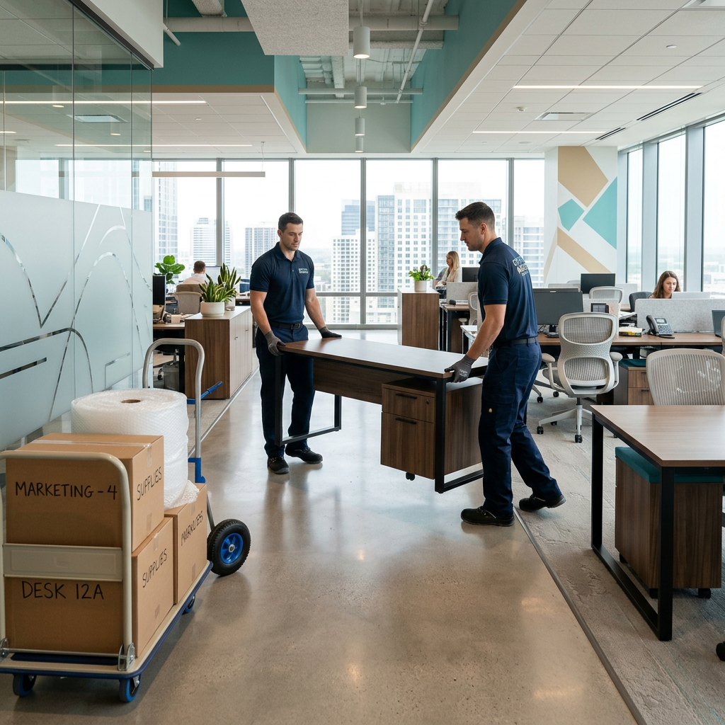 Professional commercial movers handling office furniture and equipment