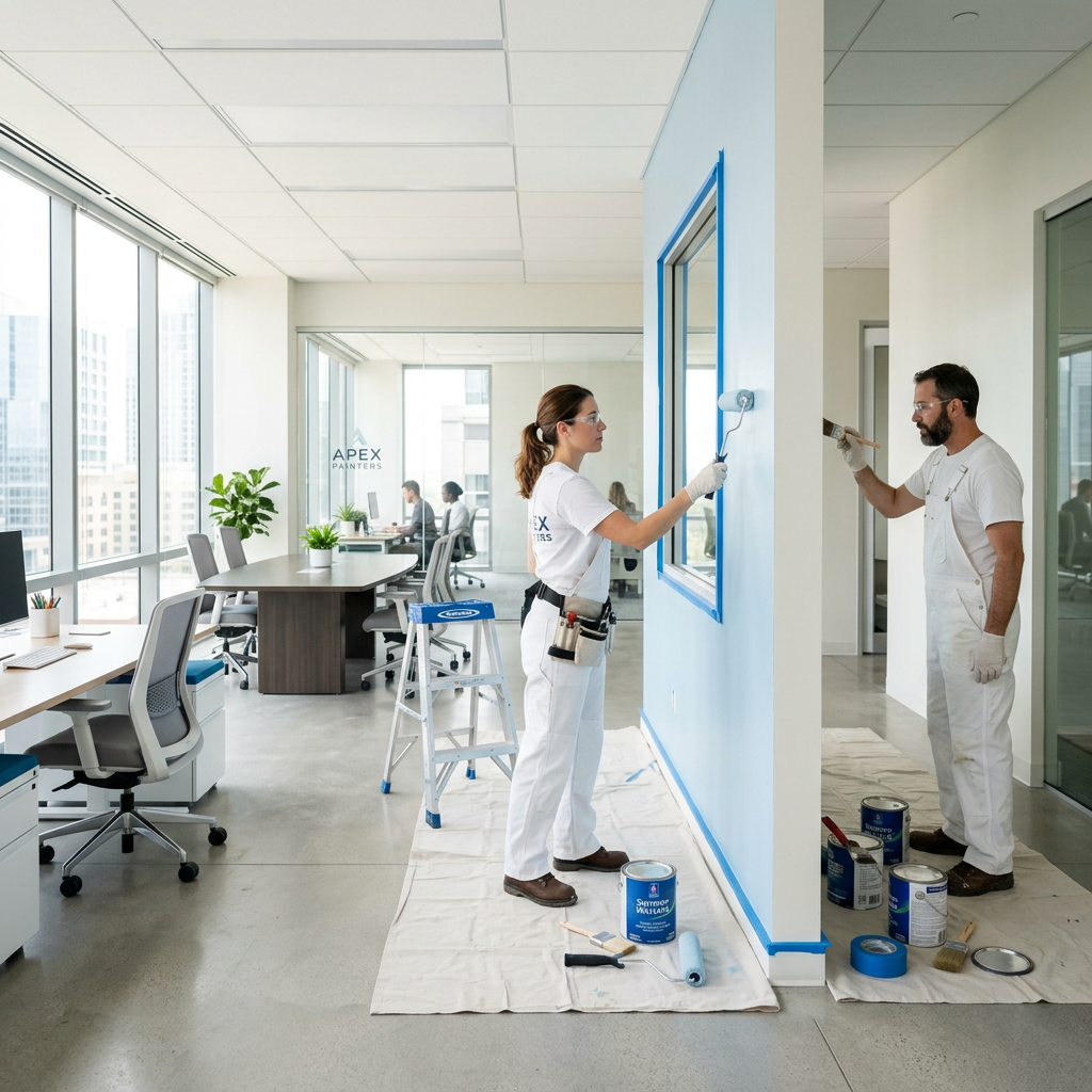 Professional painters in a bright commercial office