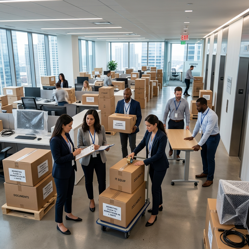Professional team coordinating a corporate office relocation