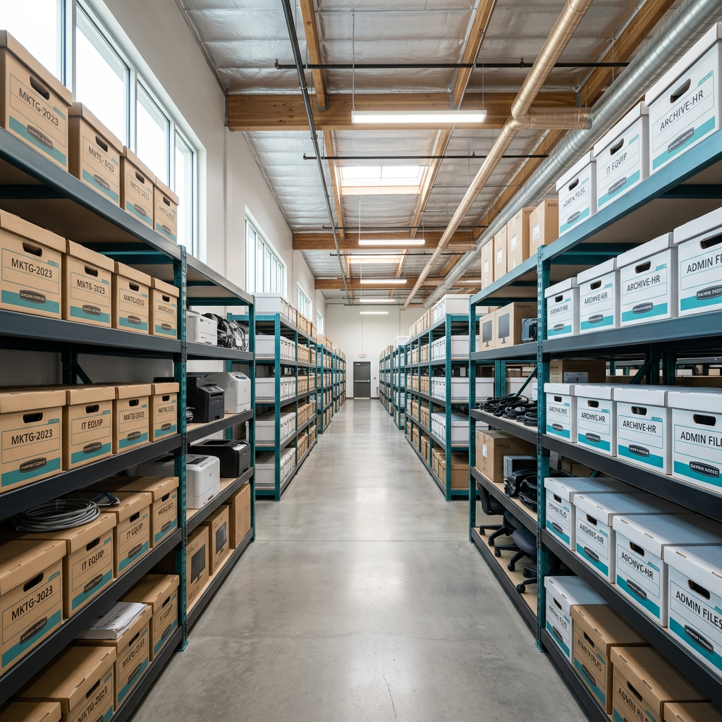 Organized commercial warehouse storage for office furniture and equipment